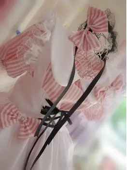

Original Design Super Cute Girls Japanese Maid Dress Blue Pink Red Stripe Bows Lolita Cosplay Costume colors