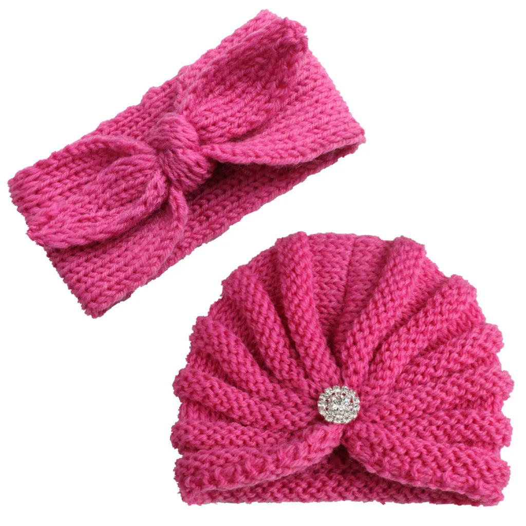 Toddler Kids Baby Boy Girl Knitted Turban Hat Hair Band Beanie Headwear Cap Sets