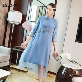 

Top Quality New 2019 Autumn Blue White Dress Women Exquisite Embroidery 3/4 Sleeve Midi Party Vintage Dresses Plus Size XXL