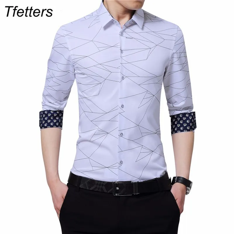 TFETTERS Luxury Brand Mens Dress Shirts Men Shirt Long Sleeve Geometric Print Party Shirt Handsome Fashion Blouse for Man