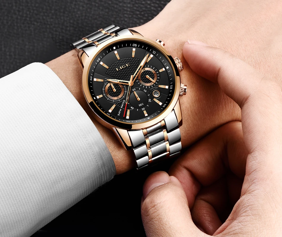 Часы lige для мужчин лучший бренд класса люкс классический подарок черный кварц для мужчин часы модные водостойкие полный сталь спортивные