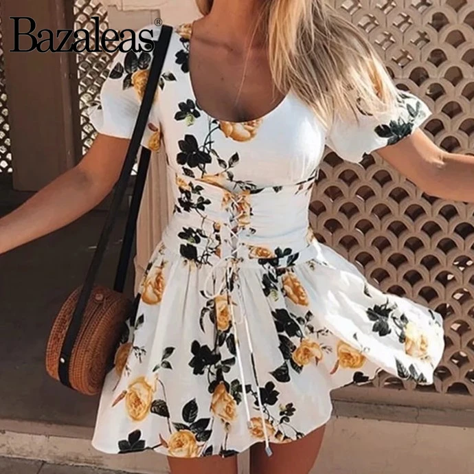 

Bazaleas Holiday Yellow Floral vestidos Lantern Sleeve Dress ruffles Mini Dresses Waist Tie Bandage Women Dress