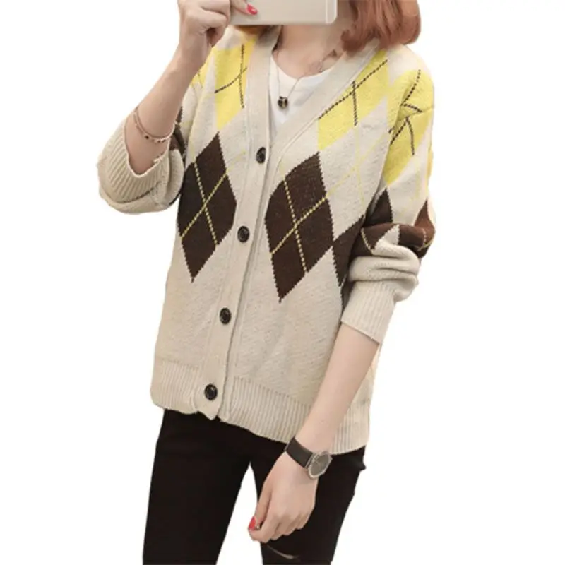 Для женщин v-образным вырезом лоскутное Повседневное вязаный свитер кардиганы женские Демисезонный Однобортный свободный свитер верхняя одежда F666 - Цвет: Хаки