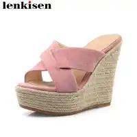 Lenkisen natural leather straw decoration peep toe slingback mules slip on super high bottom platform fashion women sandals L12