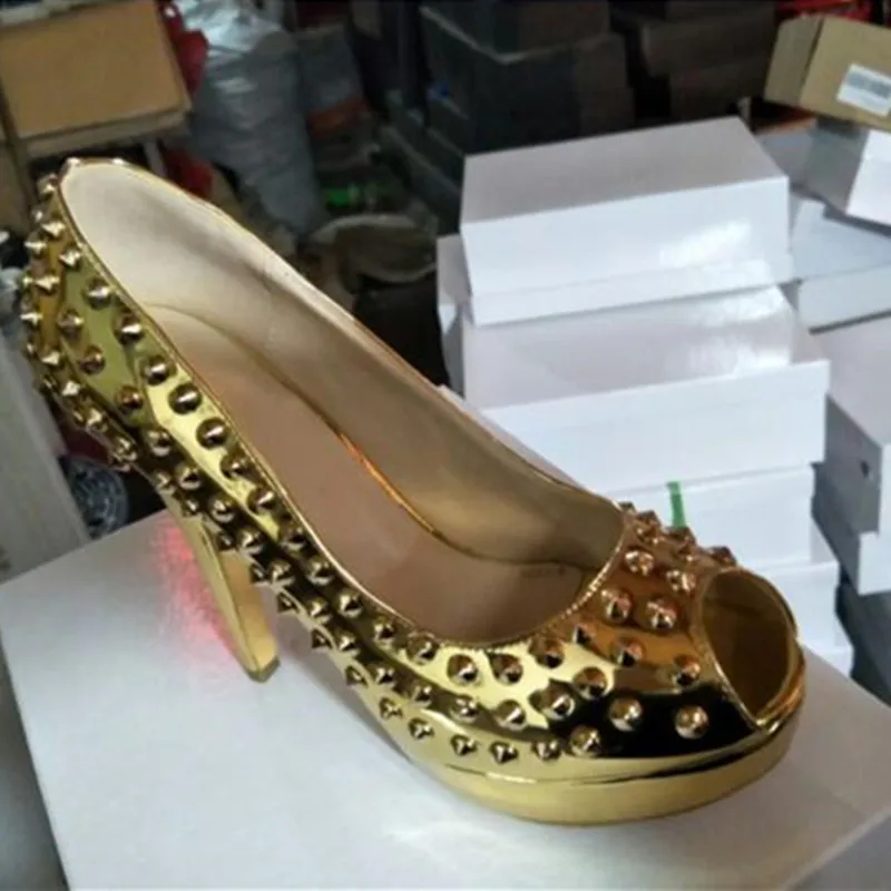 Pompes 34 Hauts Taille Gratuite 5 Livraison 45 Cuir À Or En Belle Mode Rivets Talons Cm Shofoo 12 Chaussures Toe Peep qyTHAA