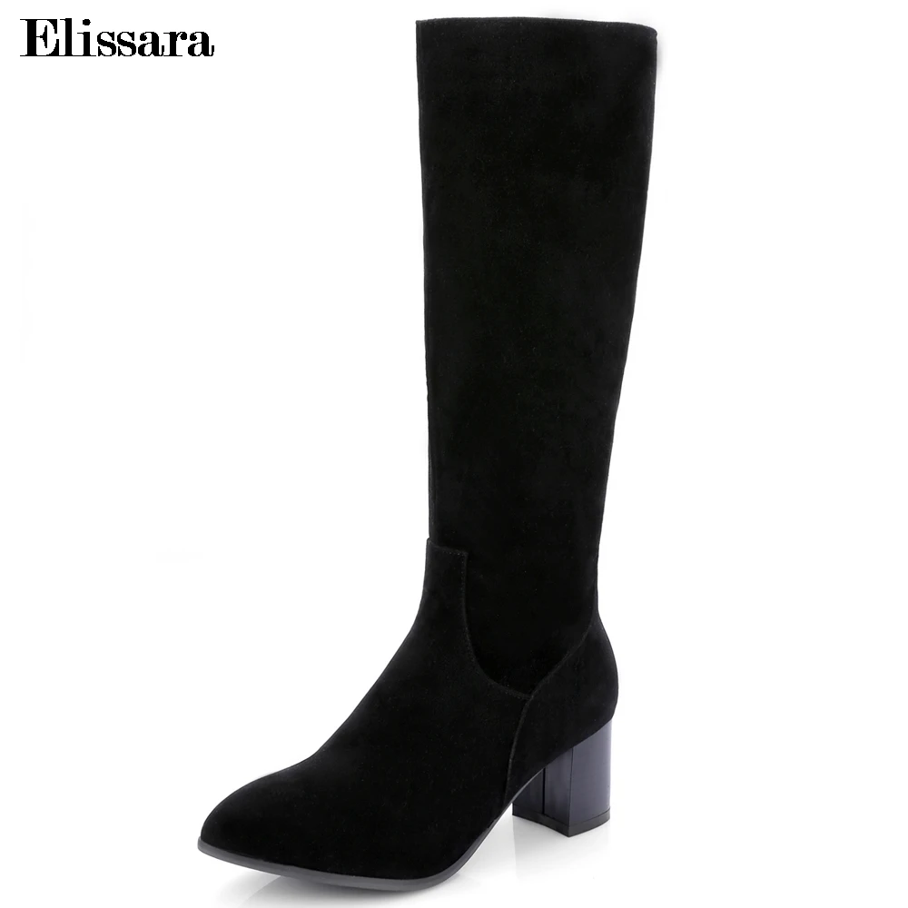 

ELissara Women's Winter Zip Shoes Knee High Boots Plus Size 33-45 Faux Suede Shoes Wool Women Winter Boots