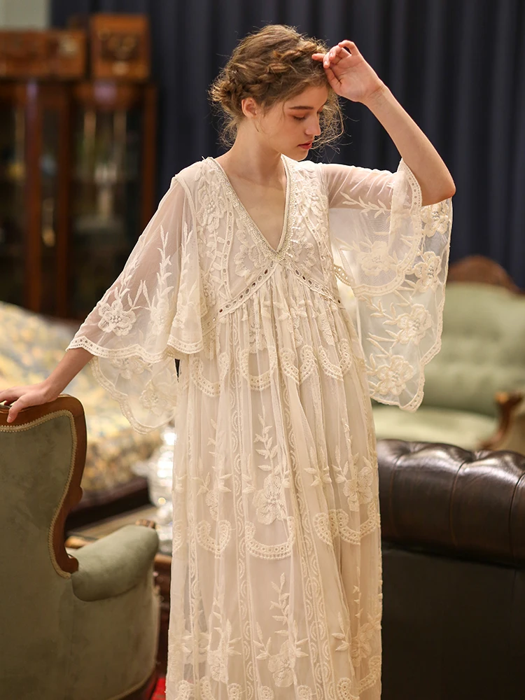 Spring Summer Women Elegant Casual Loose Exquisite Embroidery Lace Rice White Maxi Dress Vintage Mori Girls Long Mesh Dresses