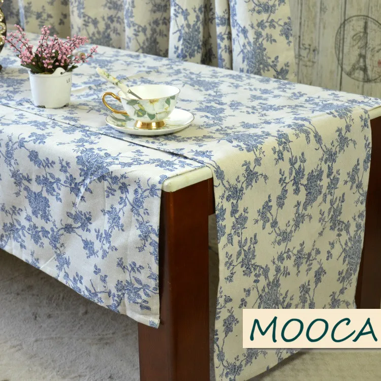 

American style cotton linen table cloth rustic blue flower table cloth