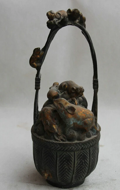 

9" Old Chinese Palace Bronze Zodiac Year Mouse BroodWealth barrel bucket keg S0706