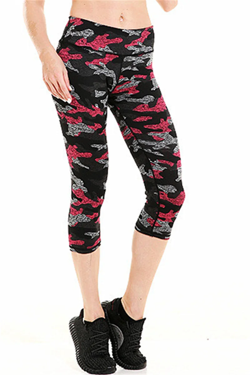 Women Deep Rose Pink Camouflage Fitness Exercise Leggings Quick Drying