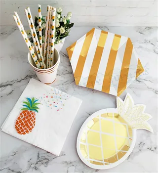 

104 Sets Foil Gold Pineapple Tableware Party Decorations Paper Plates Cups Napkins Straws Pineapple Summer Tropical Party Decor
