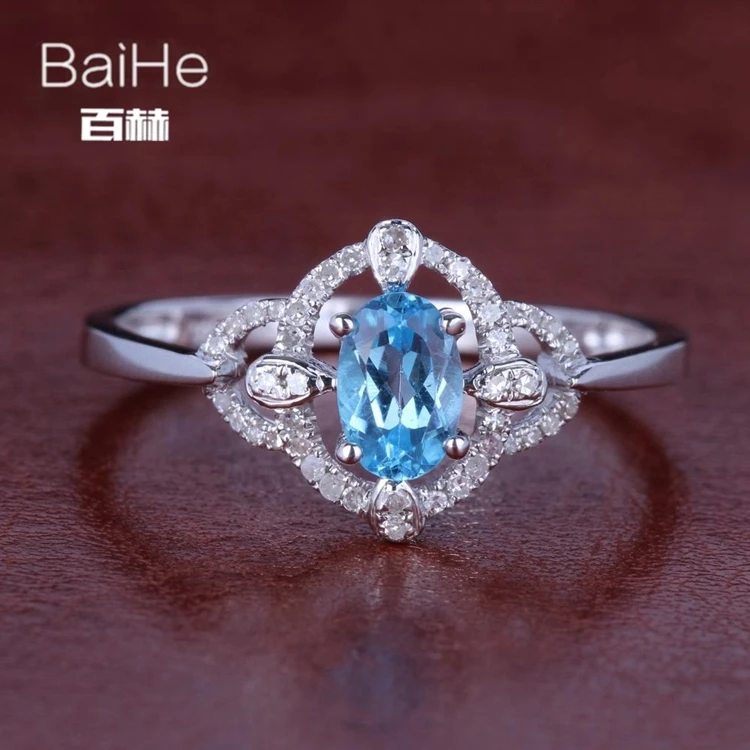 BAIHE стерлингового серебра 925 0.55CT сертифицированных безупречный овальным вырезом из натуральной голубой топаз Для женщин милый/Романтический Fine Jewelry Кольцо