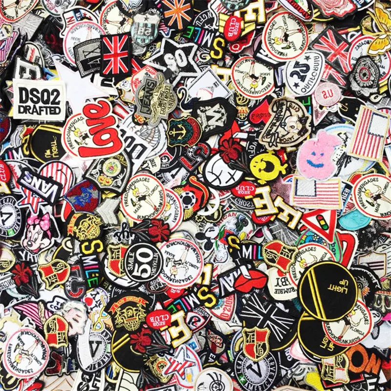 

100pcs/lot Random Mix Iron On and Sew-On Badge Patches for Fashion Clothes Decoration Apparel Fabric Backpack Sewing Appliques