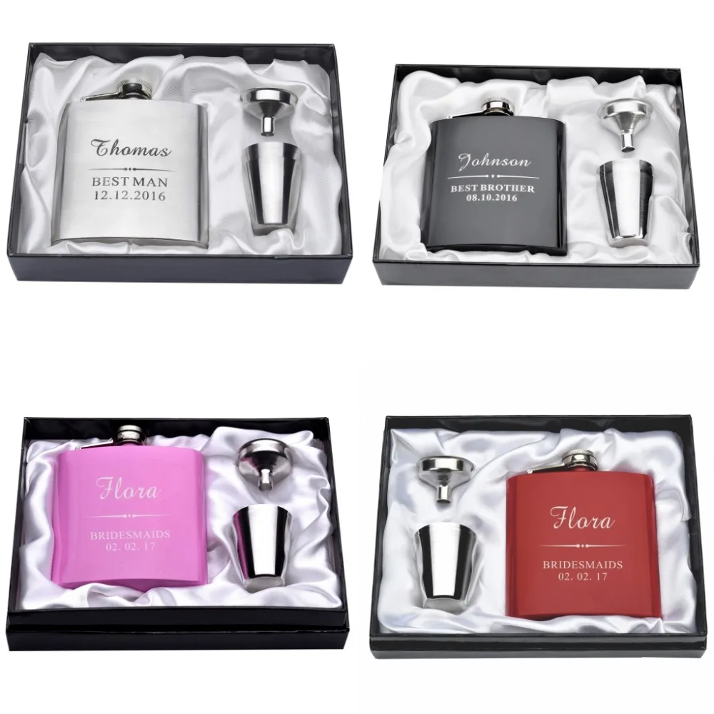 

Set of Engraved Stainless steel 6oz Flask Set Funnel Wedding Decors Mother's Day Father's Day Anniversary Day Usher Favors