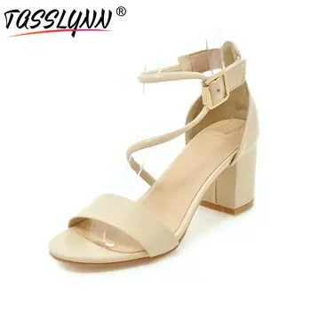 

TASSLYNN 2019 Women Sandals Concise Solid Flock OL Square High Heels Shoes Fashion Narrow Band Peep-toe Women Shoes Size 34-43