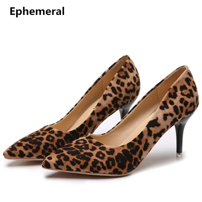 

Lady's Brown Beige Leopard Printed Pumps Single Shoes Big size 44 9 Women Zapatos Flock Thin High Heels Shoes Office Slip-On Red