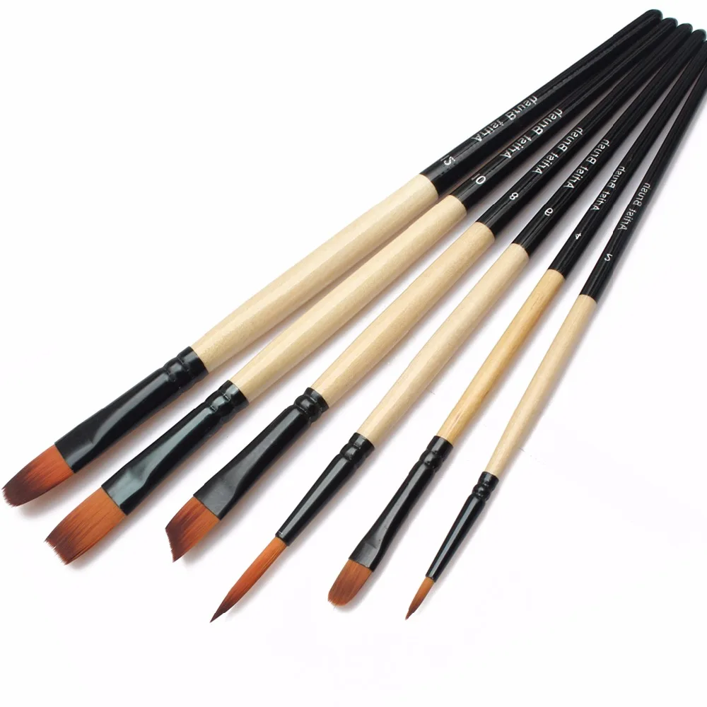 6pcs/set Different Shape Nylon Hair Paint Brush Set Wooden Handle