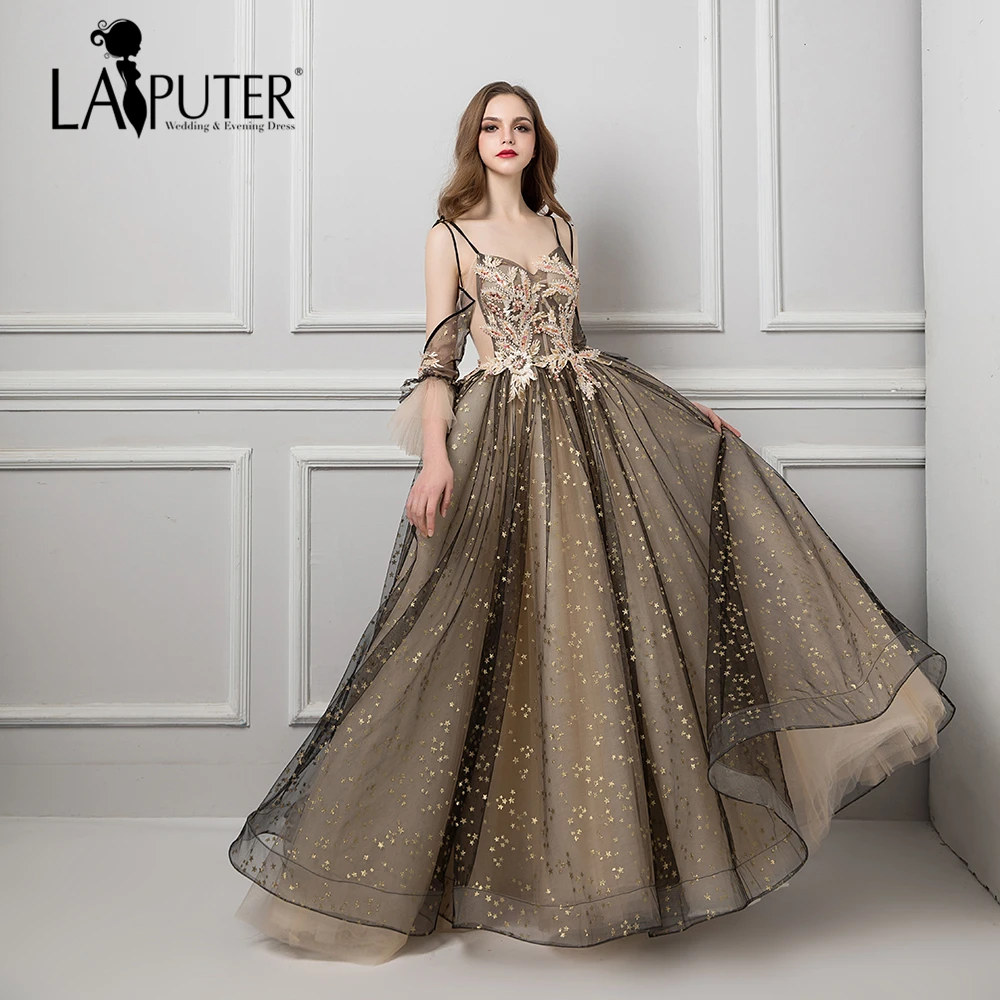 

Laiputer vestido longo de festa 2018 A-line Spaghetti V-neck Sexy See Through Embroidery Shiny Tulle avondjurken gala jurken