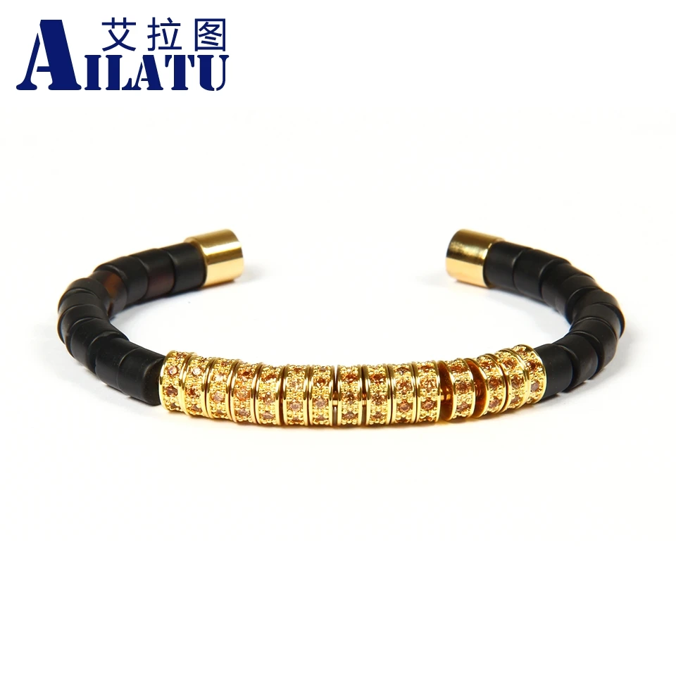 

Ailatu Wholesale 10pcs/lot High Grade Jewelry Matte Onyx Stone Beads with champagne Cz Spacer Titanium Stainless Steel Bangles