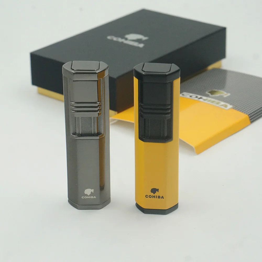 Металлическая газовая зажигалка Cohiba Бутан 2 факела для сигарет с дырочками