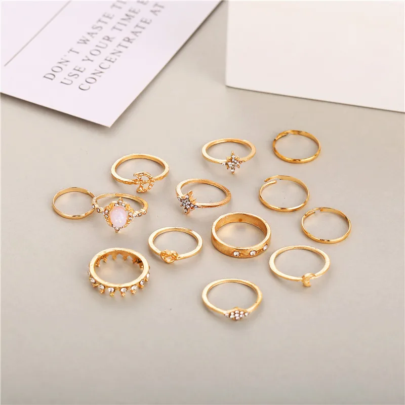 Богемное Золотое металлическое кольцо, набор для женщин, винтажное штабелирование, кристальная звезда, геометрическое кольцо на кончик пальца, вечерние ювелирные изделия на свадьбу, подарок