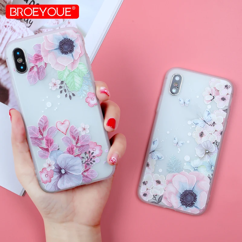 

BROEYOUE Cases For iPhone 7 Plus Case X 5 5S SE 3D Relief Soft TPU Silicone Flower Case Back Cover For iPhone 6 6S Plus 7 8 Plus