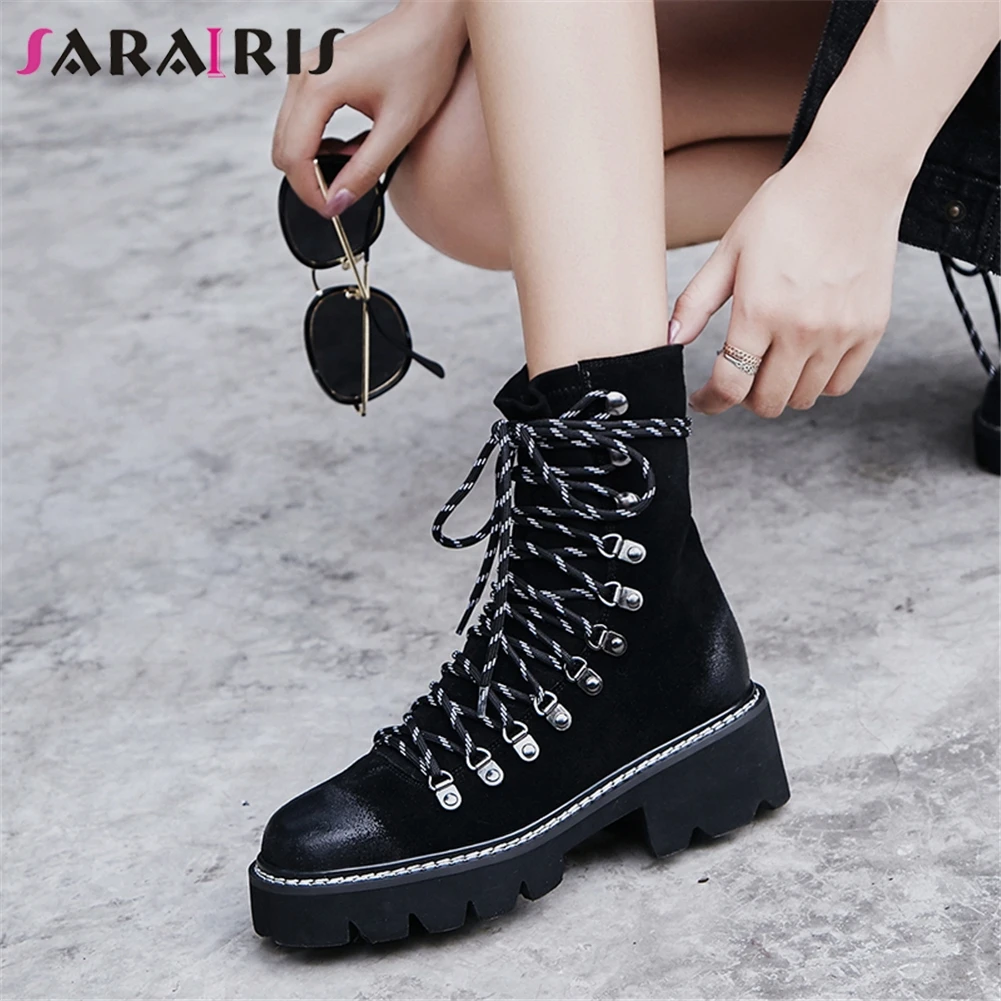 

SARAIRIS 2019 New Patchwork Genuine Leather Booties Women 2019 Autumn Brand non-slip lace-up Ankle Boots Shoes Woman