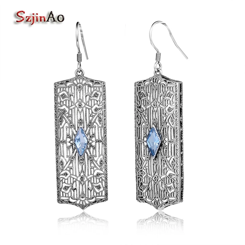 

Szjinao Vintage Style Women Tibetan Jewelry Blue Aquamarine Genuine 925 Sterling Silver Handmade Crystal Earrings Free Shipping