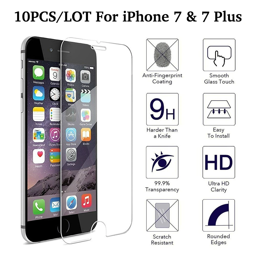

10PCS/LOT Tempered Glass Screen Protector for iPhone 7 & 7 Plus Protective Film No Retail Packaging