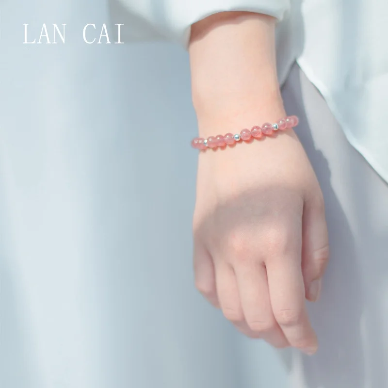 

Fashion Crystal Beads Fine Bracelet LAN CAI Natural Pink Strawberry Quartz 925 Sterling Silver Handmade Bracelet for Women Gift