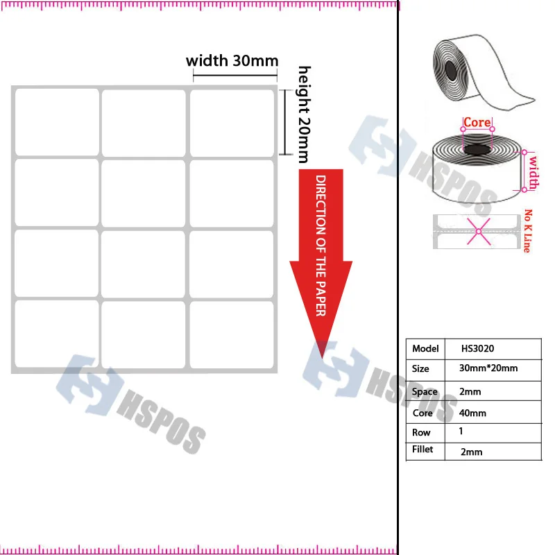 Thermal transfer label 30mm*20mm 5000 sheets per roll 3 row blank adhesive paper can customize use on barcode ribbon printer