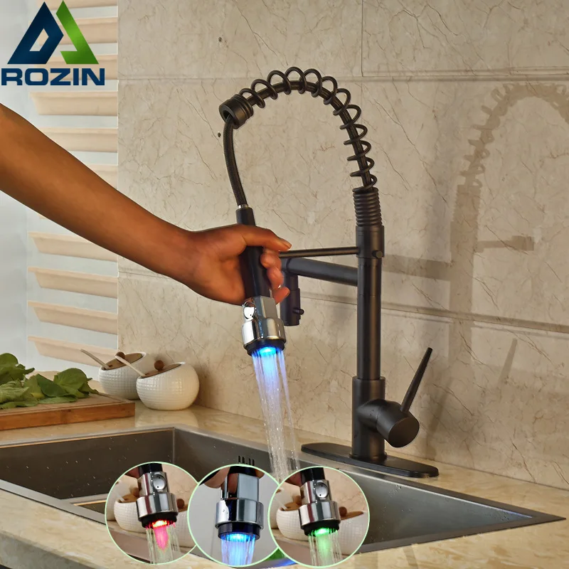 Oil Rubbed Bronze Dual Spout Kitchen Sink Faucet LED Light Spring Kitchen Mixer Tap Kitchen Hot