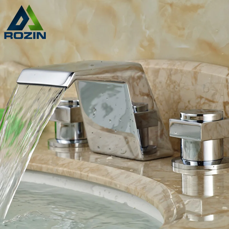 

Square Style Waterfall Spout Basin Sink Mixer Faucet Two Handles Widespread Bath Sink Faucet Tap