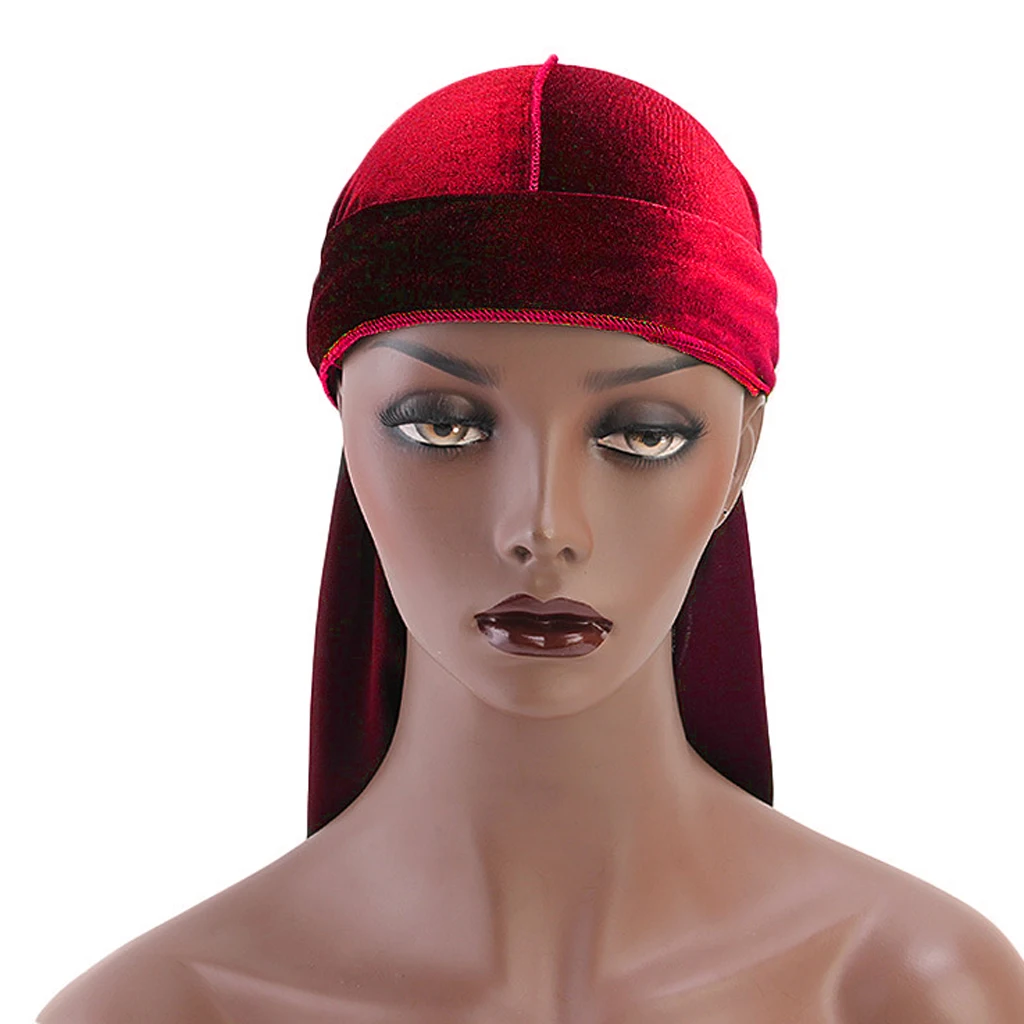 Women Men Long Tail Plain Velvet Bandana Turban Hat Durag Headwear Pirate Cap Head Wraps