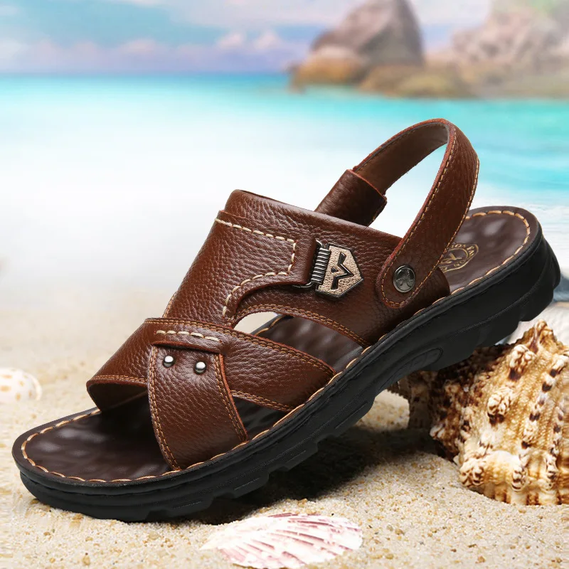 

018 summer new first layer leather beach shoes men's casual sandals and slippers youth leather slippers fashion shoes tide