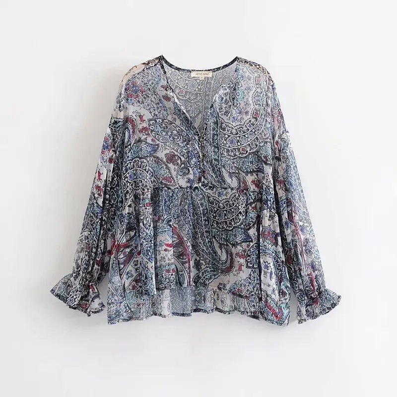 

Popular new LJ88105-45 Spring European and American Women's Wear New Long-sleeved Blouse with Flare Sleeve Printing