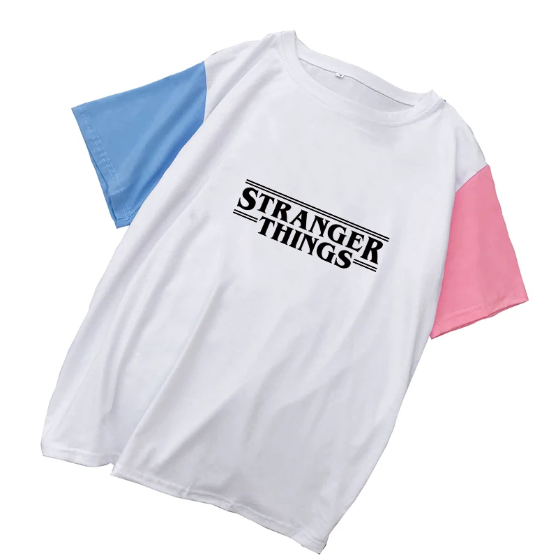 Women T Shirt Casual Stranger Things Letter Tshirt Mutlicolor Spliced Cotton Tee Shirt Femme Hipster Tumblr Female Harajuku Tops (2)