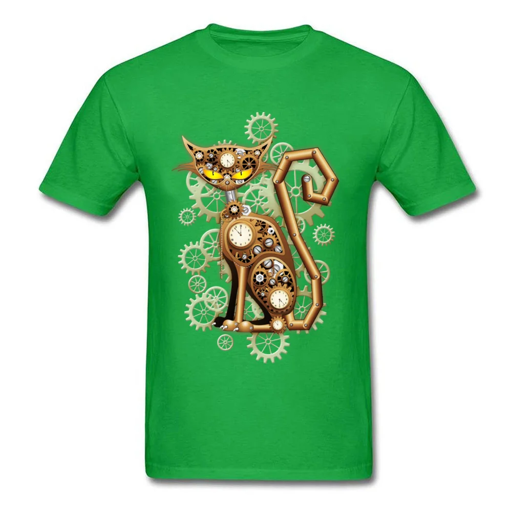 Family Steampunk Cat Vintage Copper Toy Tops T Shirt for Men Oversized Mother Day Round Neck Cotton Fabric T Shirts Tee-Shirts Steampunk Cat Vintage Copper Toy green