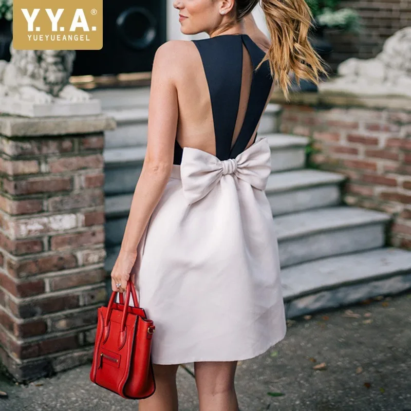 Женское атласное платье-жилет без рукавов с открытой спиной и большим бантом |