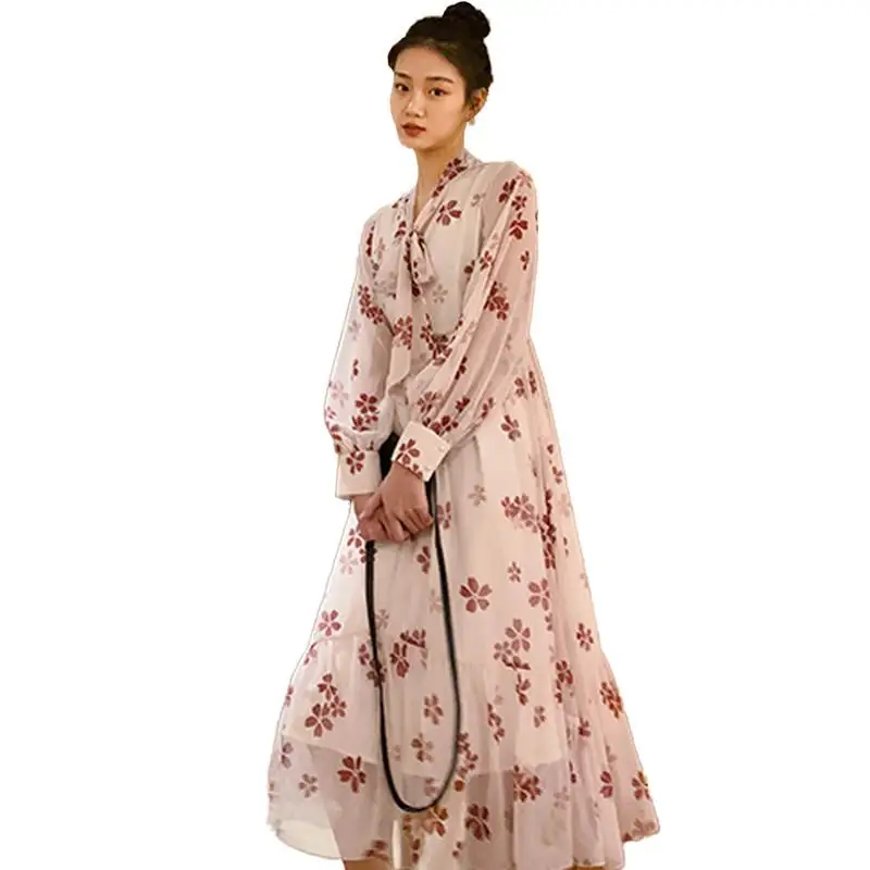 

Women 2019 Spring Autumn Elegant Printing Floral Chiffon Dress Female Slim Long Sleeve Pleated A-Line Dress Vintage Vestido V982