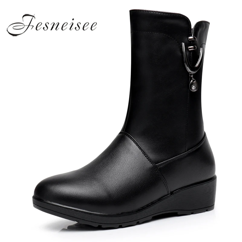 

2019 New Winter Mid Calf Boots Woman Boots Genuine Leather Round Toe High Heels Rain Boots Wedges Shoes Size 34-41 M4.0
