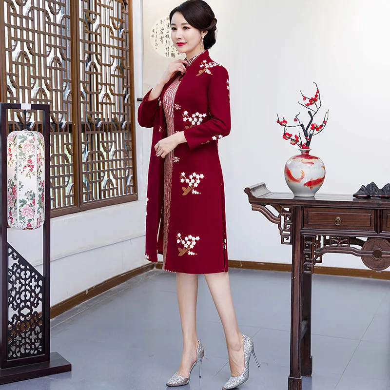 Осенние и зимние китайские традиционные женские 2 шт Qipao шерсть хлопок Cheongsam Новинка китайское торжественное платье Размер M L XL XXL