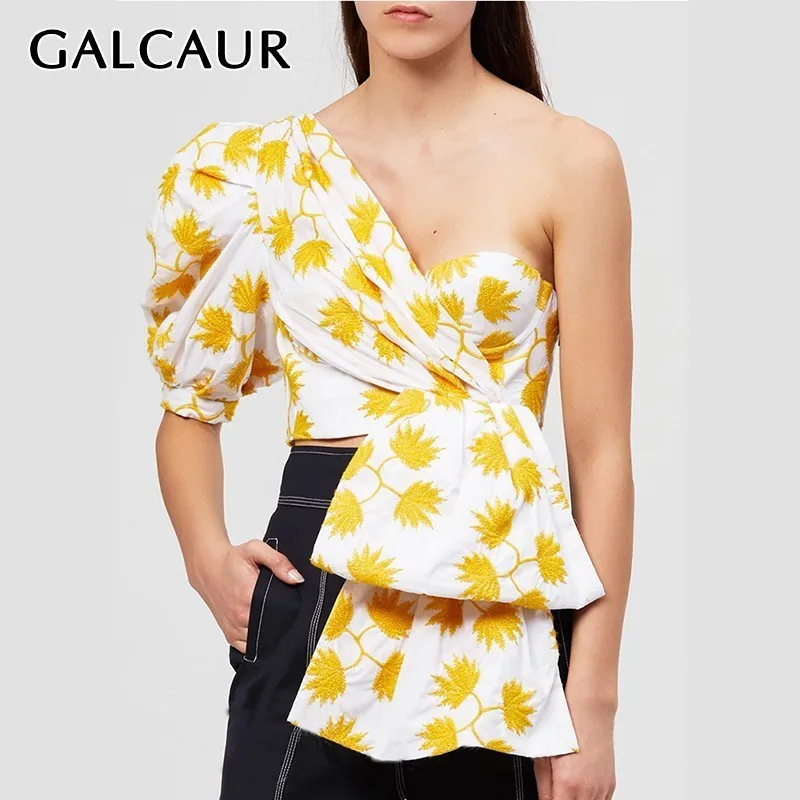 

GALCAUR Print Puff Sleeve Shirts For Women Skew Collar Irregular Ruffles Casual Blouse Female Clothes 2019 Fashion Summer New
