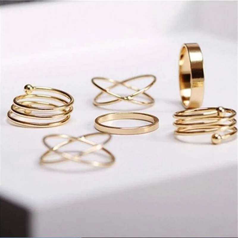 Популярный уникальный набор колец в стиле панк, золото, серебро, кольца на кончик пальца для женщин, кольцо на палец, 6 шт., набор колец, лучший подарок - Цвет основного камня: gold