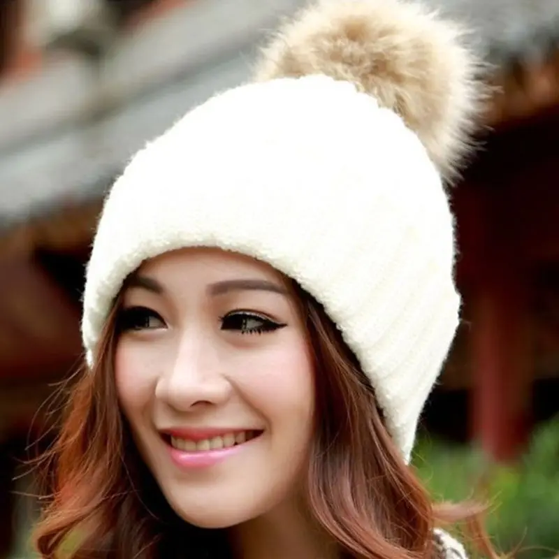 

2016 Winter Brand New Colorful Snow Caps Wool Knitted Beanie Hat With Raccoon Fur Pom Poms For Women Men Hip Hop Skullies Cap