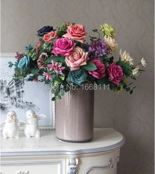 

two Bunches Artificial Rose Flower Oil Painting Effect Peony & Foam Berries Grass for Wedding Party Home Decorative Flowers