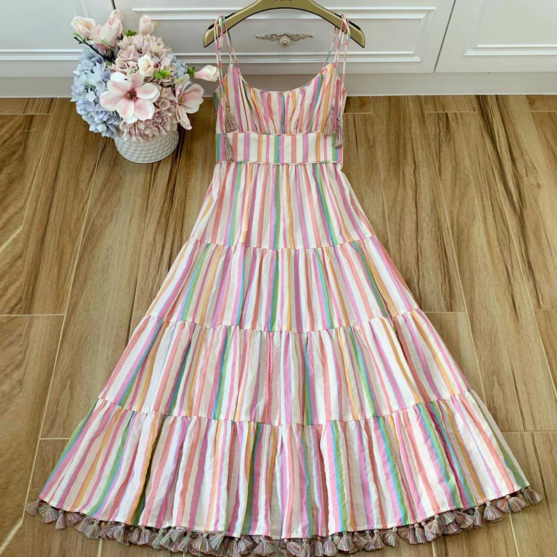 

Red RoosaRosee Runway Summer Stripes Print Sexy Slash Neck Midi Boho Dress Women's Elegant Holiday Beach Cotton Dress Vestidos