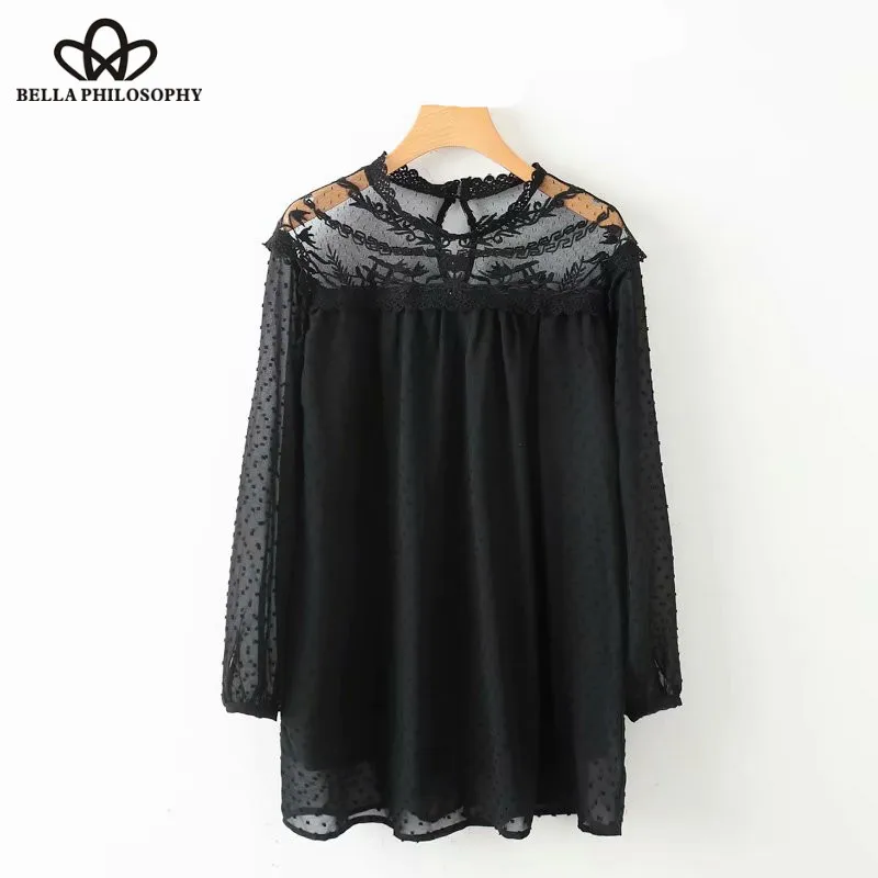 Wonder 2018 new autumn voile embroidery chiffon patchwork straight mini dress ladies o neck lace vestidos casual chic dresses