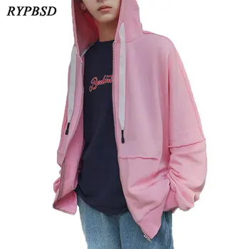 

New Spring Autumn Pink White Basic Hoodie Men Jacket and coat Korean Casual Zipper Loose Long Sleeve Cardigan Hooded Outerwear