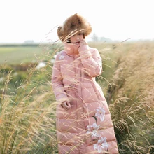 Зимний хлопковый Ретро Воротник Талия длинный толстый художественный принт белый пуховик с пухом женский